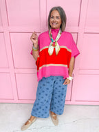 Color Block Fringe Poncho - Pink