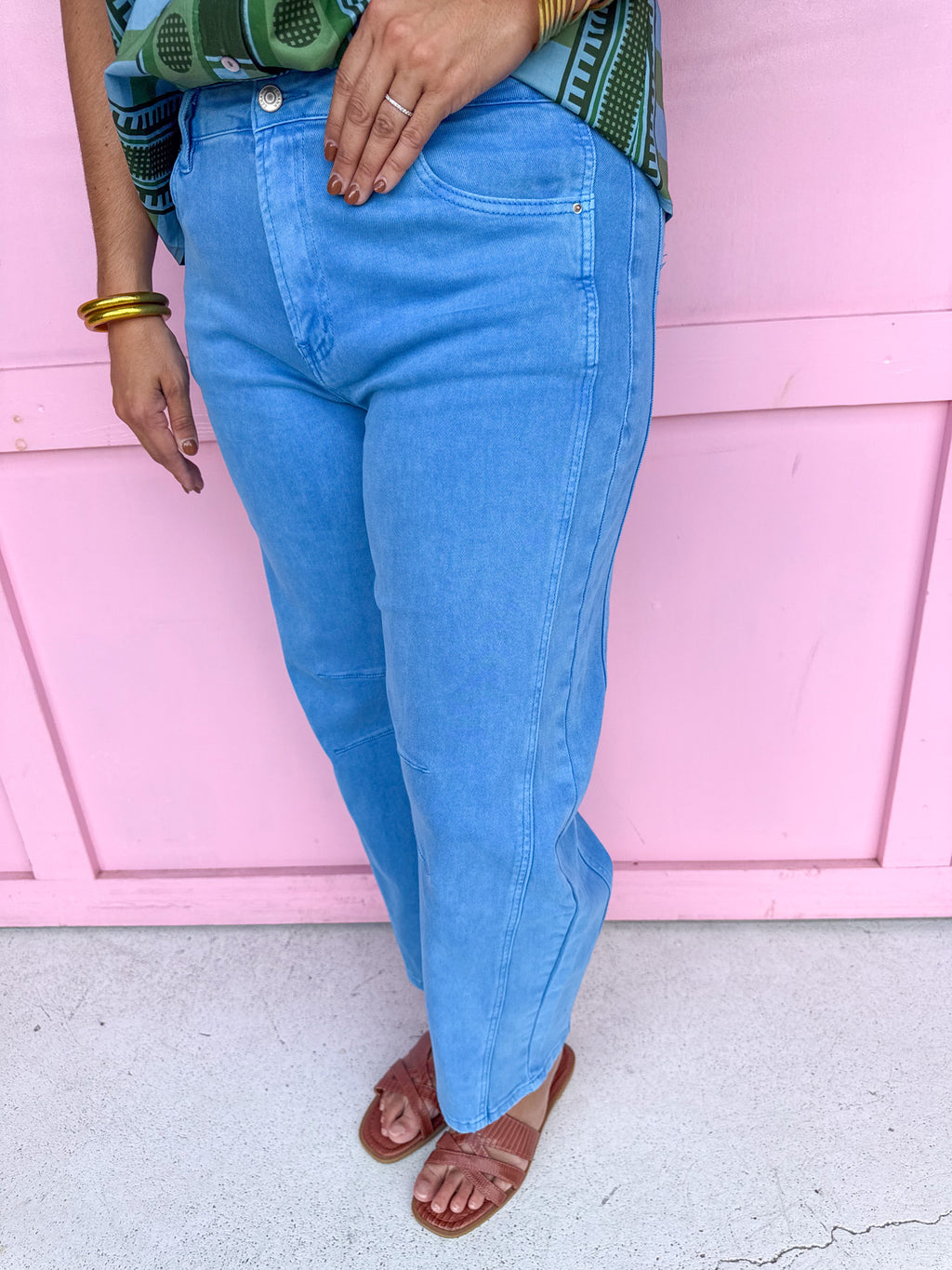Acid Wash Barrel Leg Pants - Deep Sky