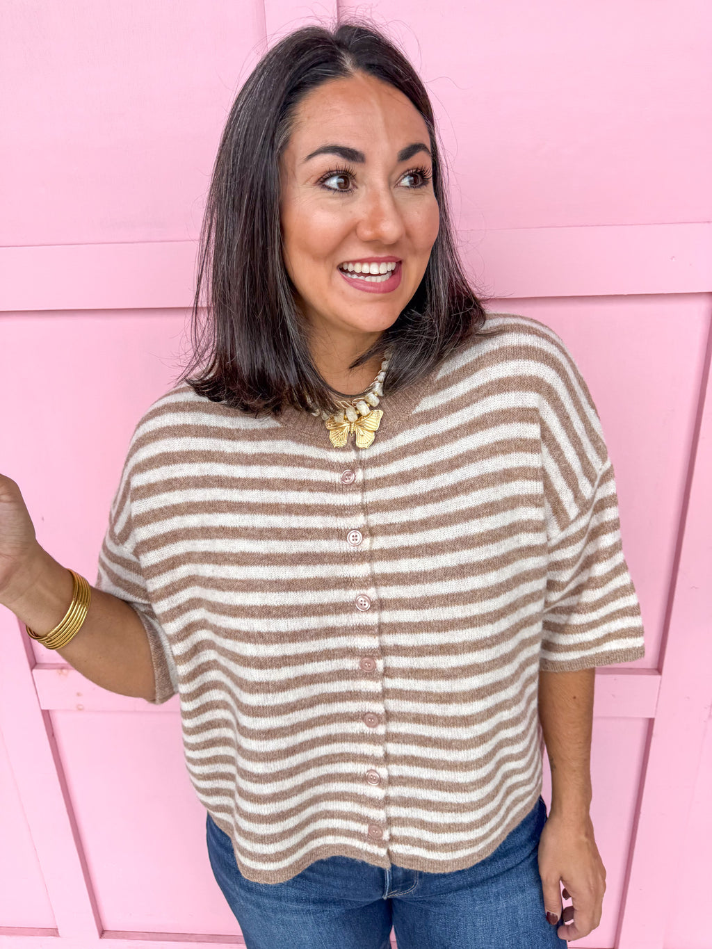 Easy Choice Bell Sleeve Cardigan - Mocha Stripe