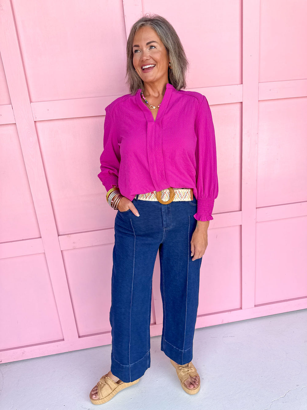 Jincy's Women's Fuchsia pink long sleeve textured top