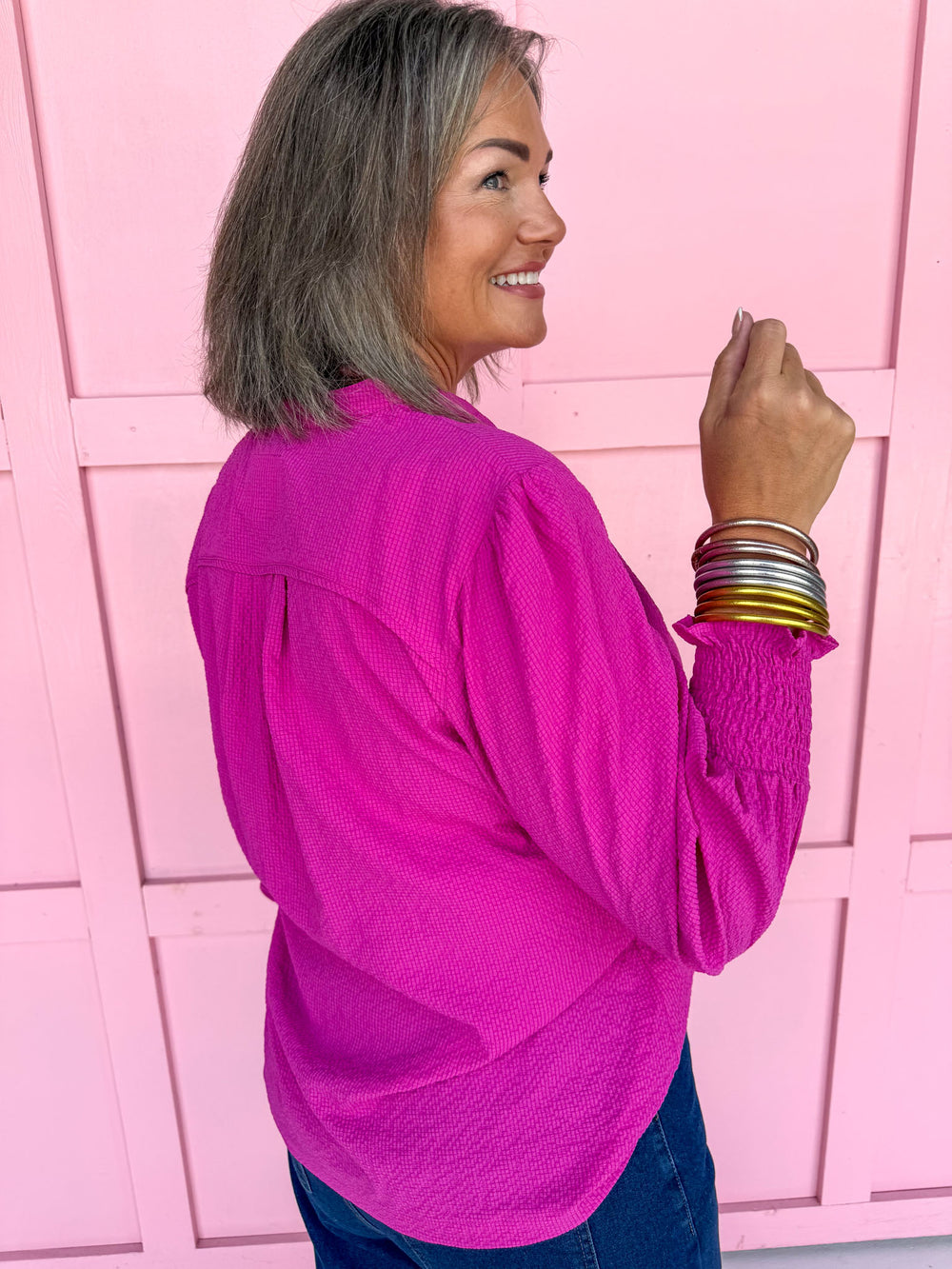 Jincy's Women's Fuchsia pink long sleeve textured top