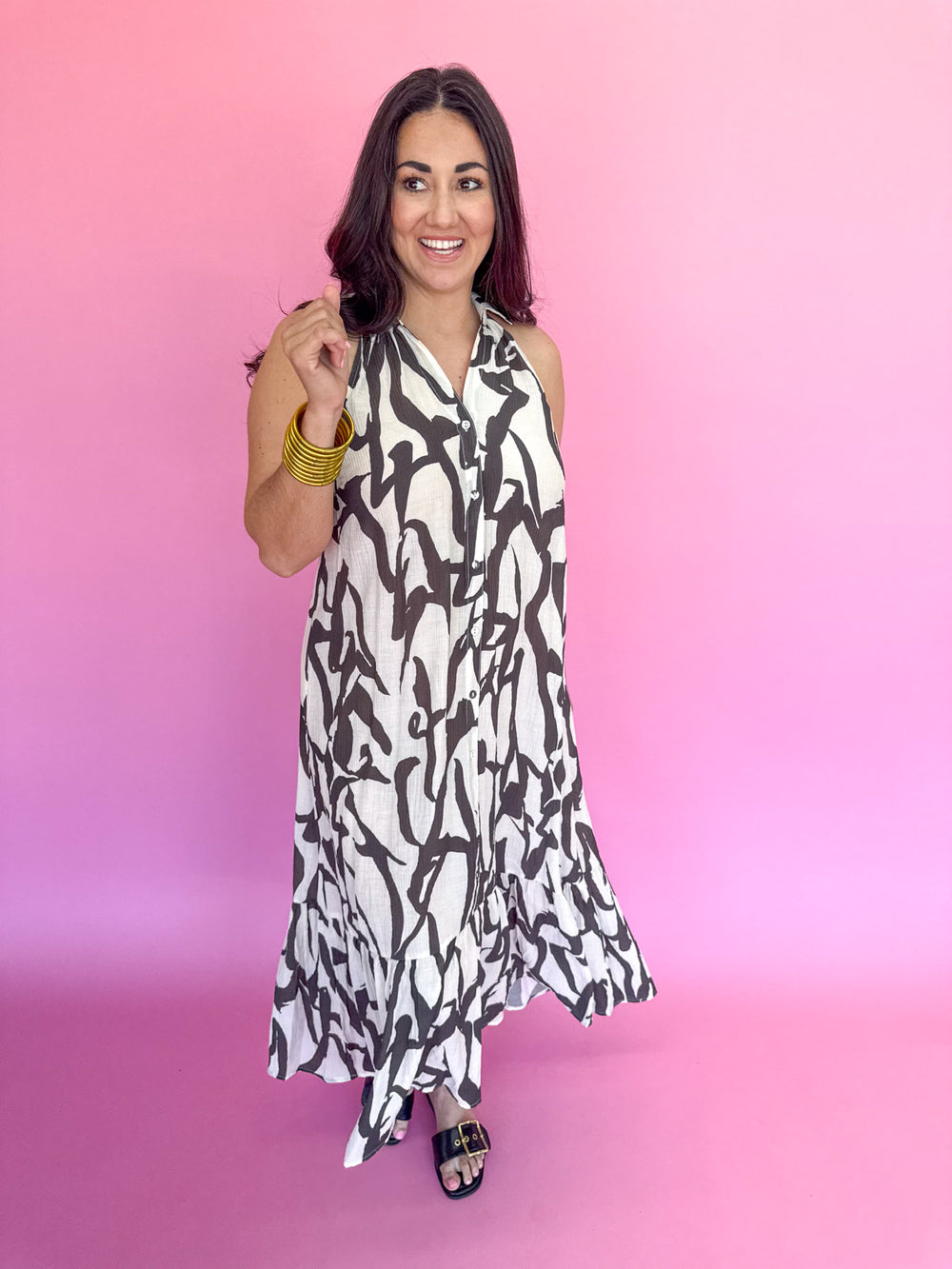 Umgee K8442 Women's Dress Midi Dress Collar Sleeveless Button Down Ruffle Black and White Abstract Lightweight Boutique Jincy's Neutral Maxi Dress