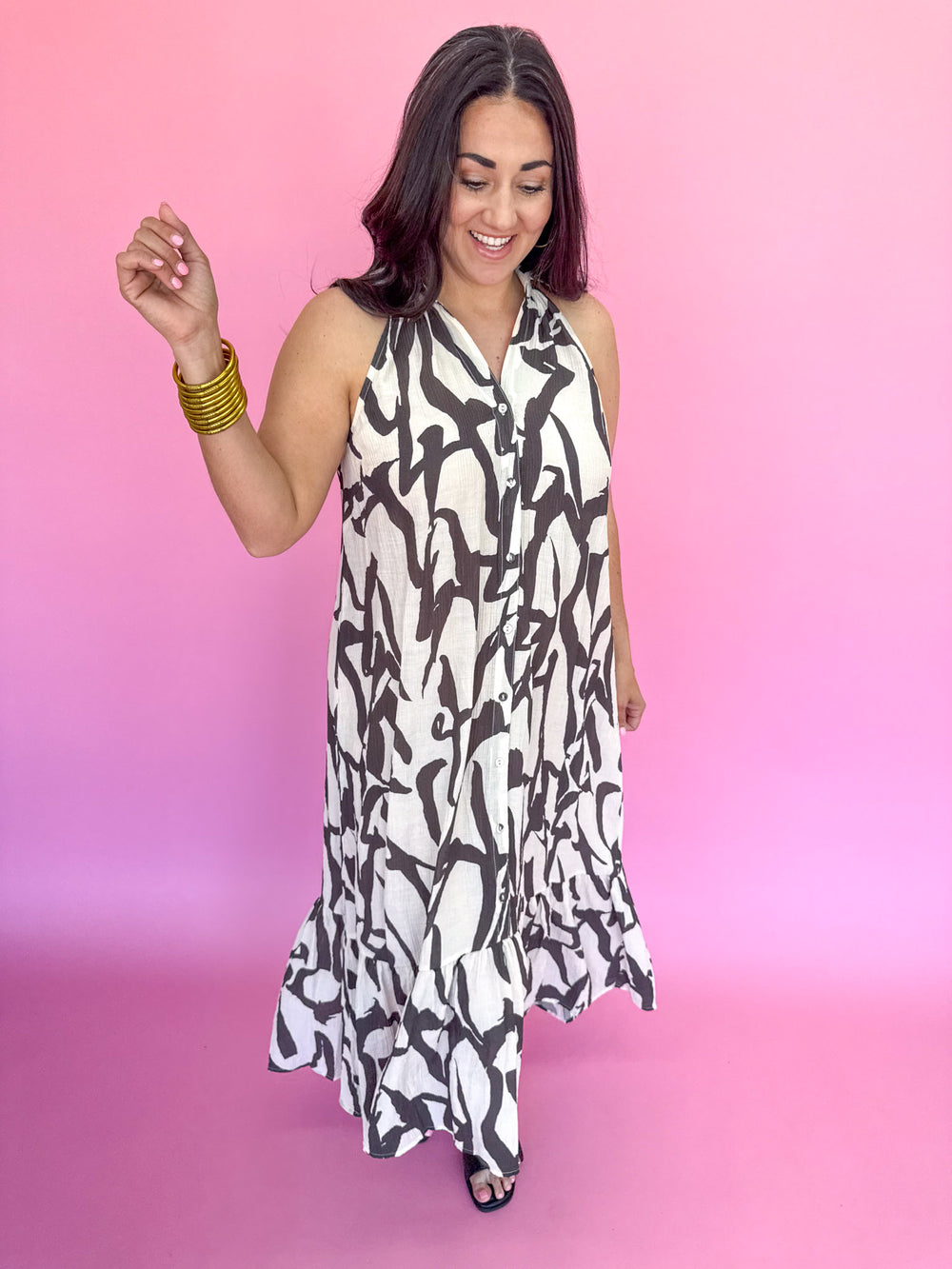 Umgee K8442 Women's Dress Midi Dress Collar Sleeveless Button Down Ruffle Black and White Abstract Lightweight Boutique Jincy's Neutral Maxi Dress