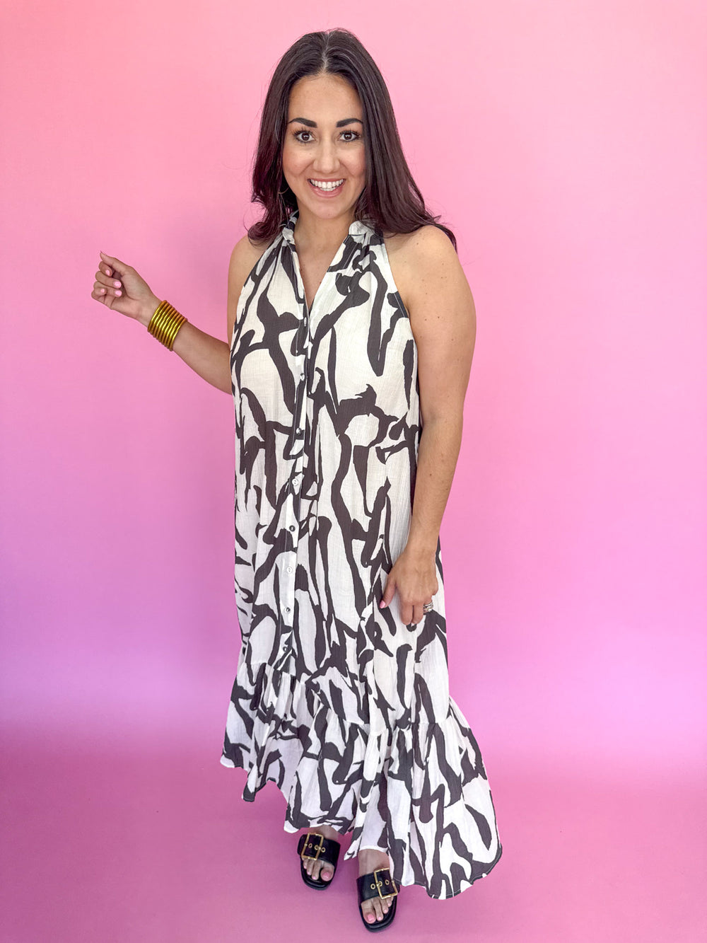 Umgee K8442 Women's Dress Midi Dress Collar Sleeveless Button Down Ruffle Black and White Abstract Lightweight Boutique Jincy's Neutral Maxi Dress