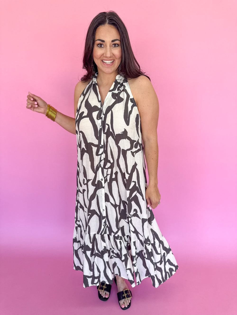 Umgee K8442 Women's Dress Midi Dress Collar Sleeveless Button Down Ruffle Black and White Abstract Lightweight Boutique Jincy's Neutral Maxi Dress