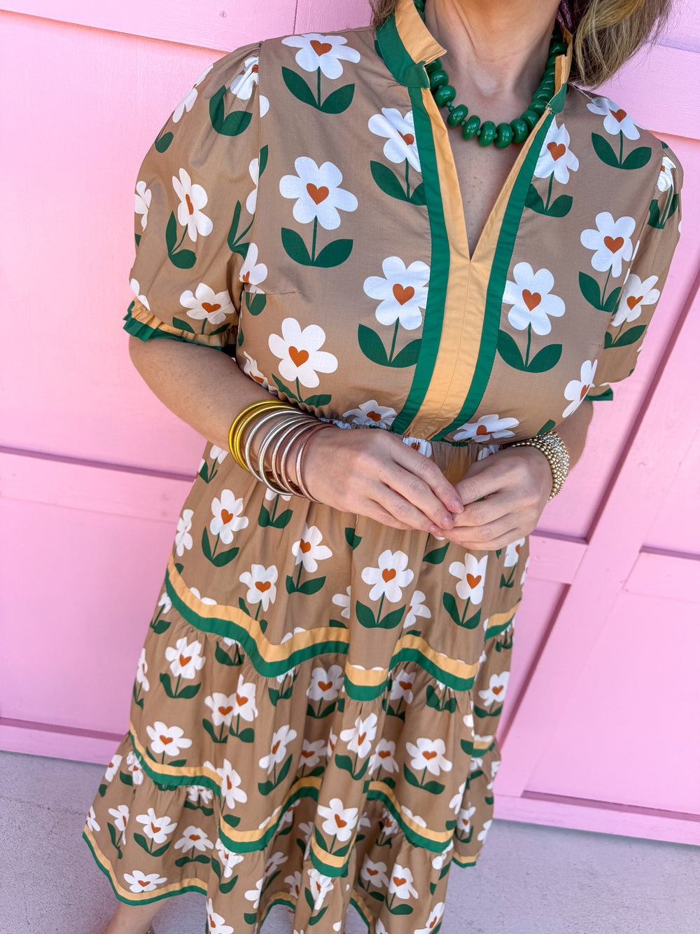 khaki green white mock v-neck short sleeves balloon sleeves tiered has pockets floral print womens boutique jincy's