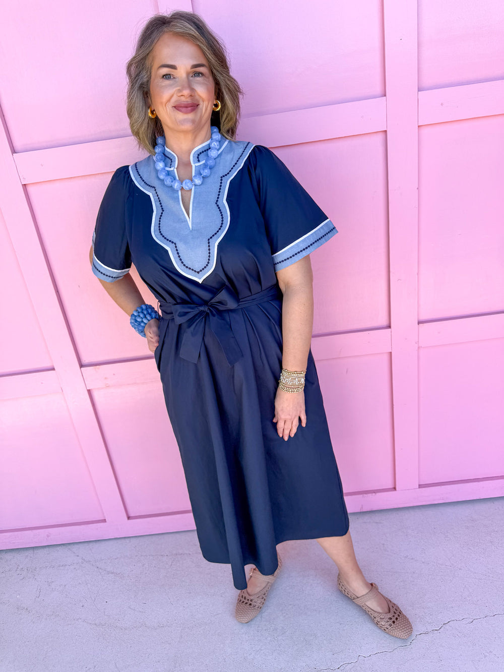 womens boutique dress navy light blue vneck waist tie pockets midi length jincy's