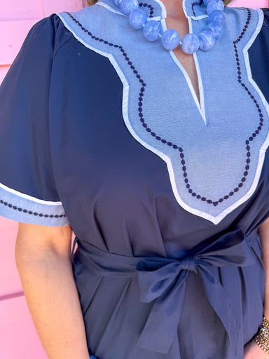 womens boutique dress navy light blue vneck waist tie pockets midi length jincy's