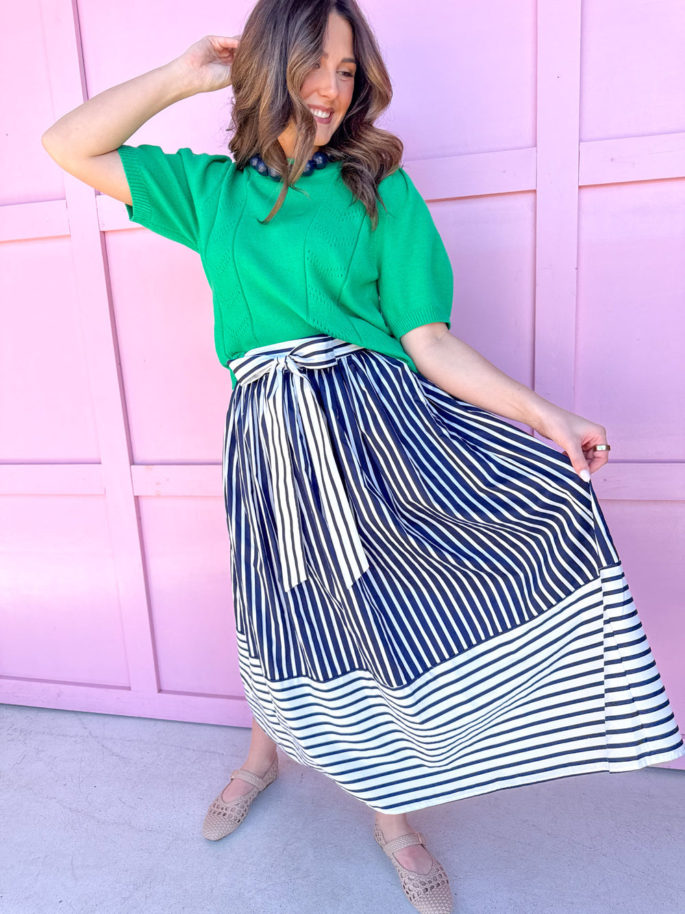 womens boutique skirt fully lined navy white striped has pockets tie jincy's