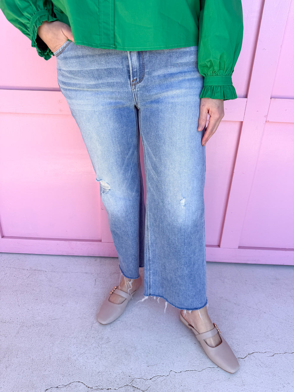 Medium Wash High Rise Crop Wide Leg Jeans womens boutique distressed raw hem jincy's