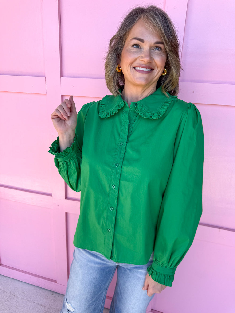 womens boutique kelly green peter pan collar button up jincy's