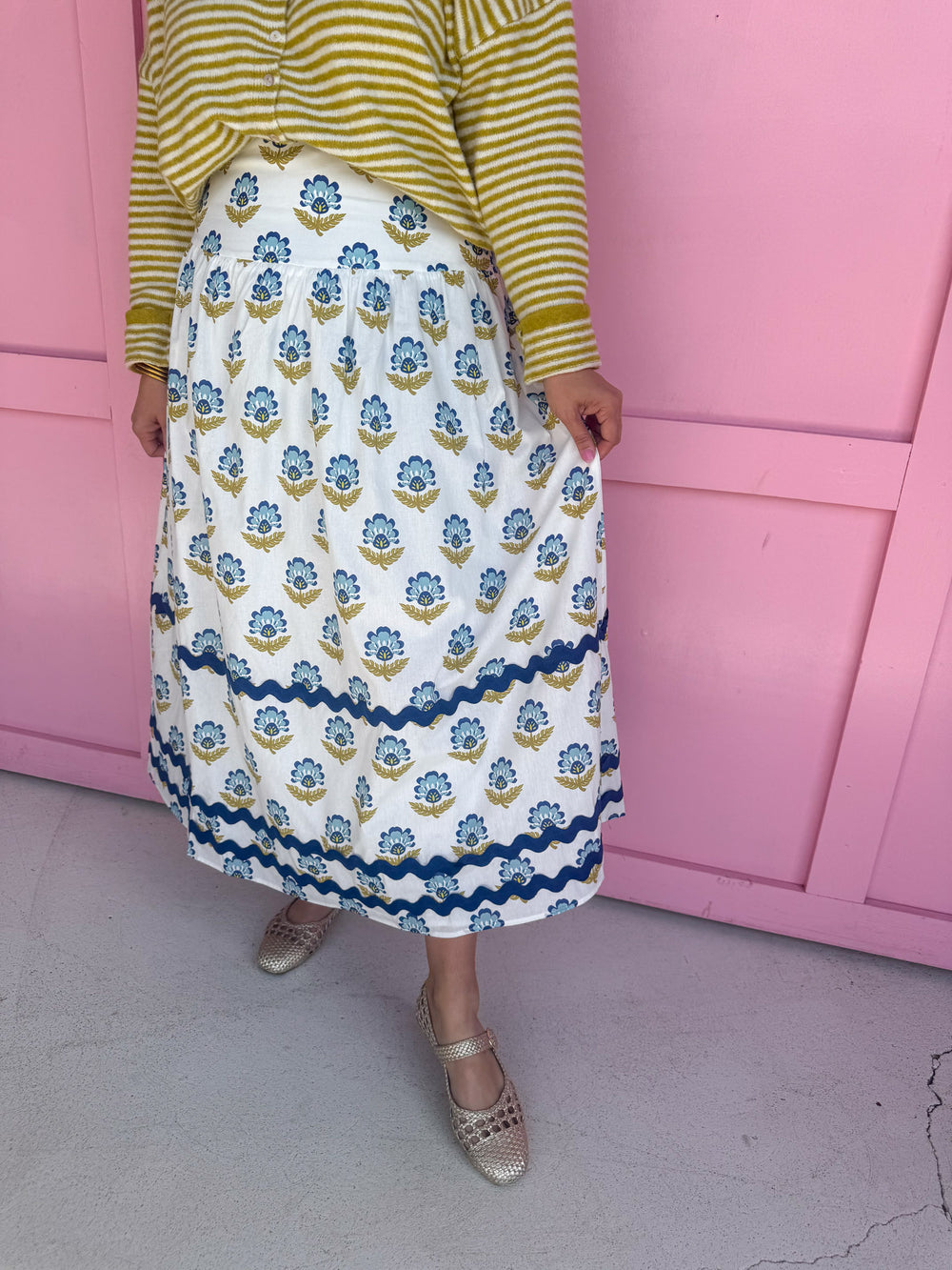 womens boutique skirt white chartreuse  blue ric rac floral jincy's