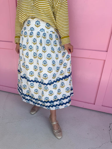 womens boutique skirt white chartreuse  blue ric rac floral jincy's