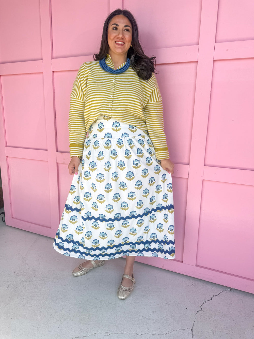 womens boutique skirt white chartreuse  blue ric rac floral jincy's