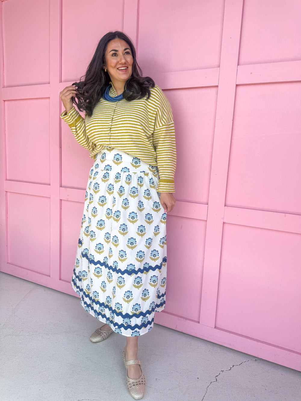 womens boutique skirt white chartreuse  blue ric rac floral jincy's