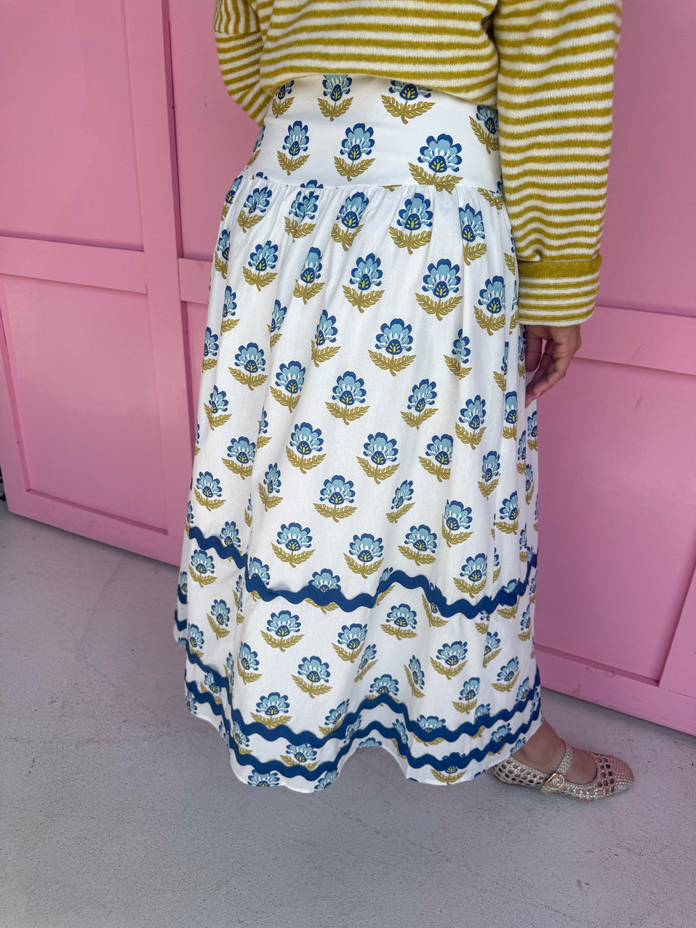 womens boutique skirt white chartreuse  blue ric rac floral jincy's