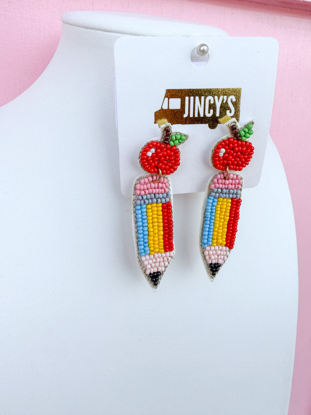 Apple & Pencil Beaded Earrings