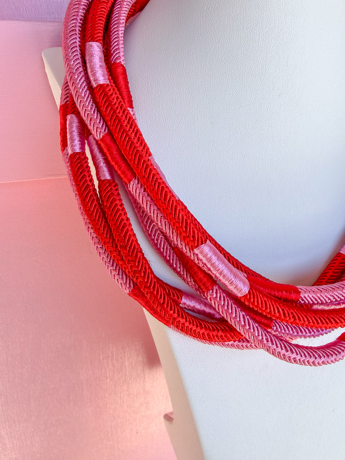 Multi Strand Slub Rope Necklace - Pink/Red