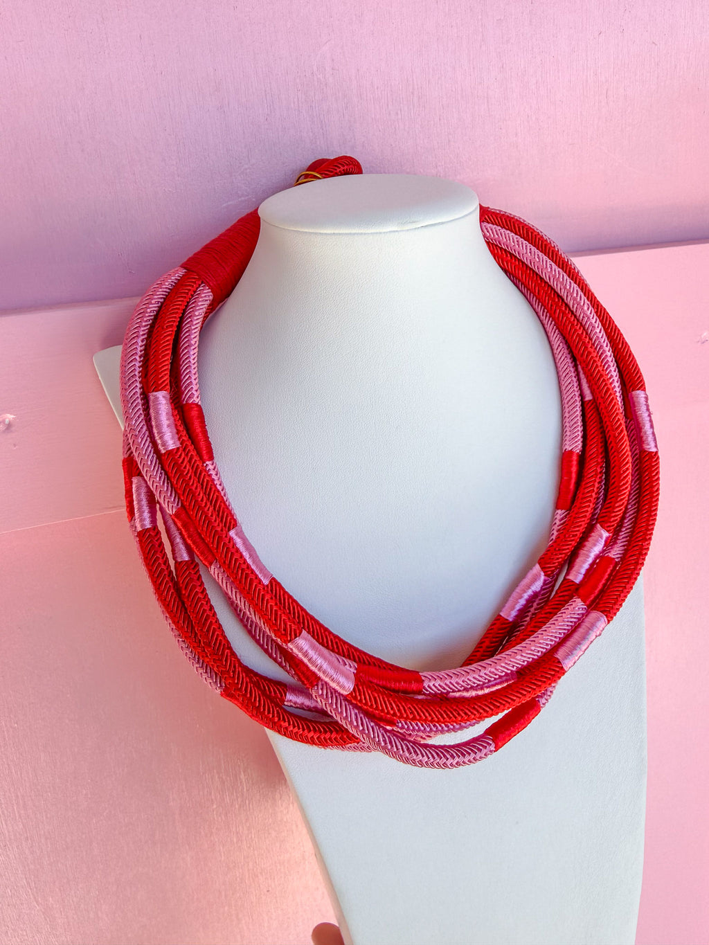 Multi Strand Slub Rope Necklace - Pink/Red