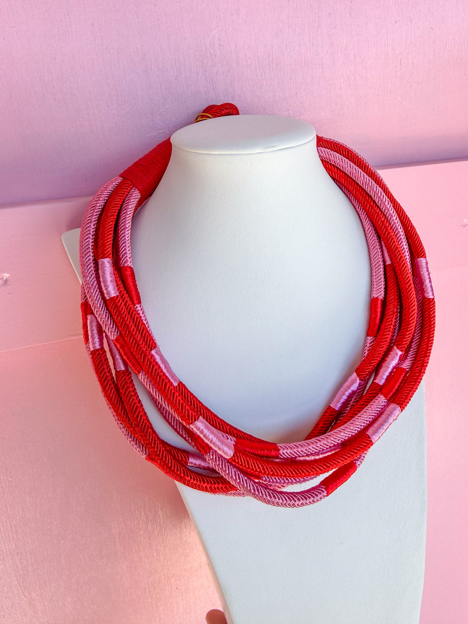 Multi Strand Slub Rope Necklace - Pink/Red