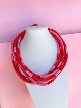 Multi Strand Slub Rope Necklace - Pink/Red