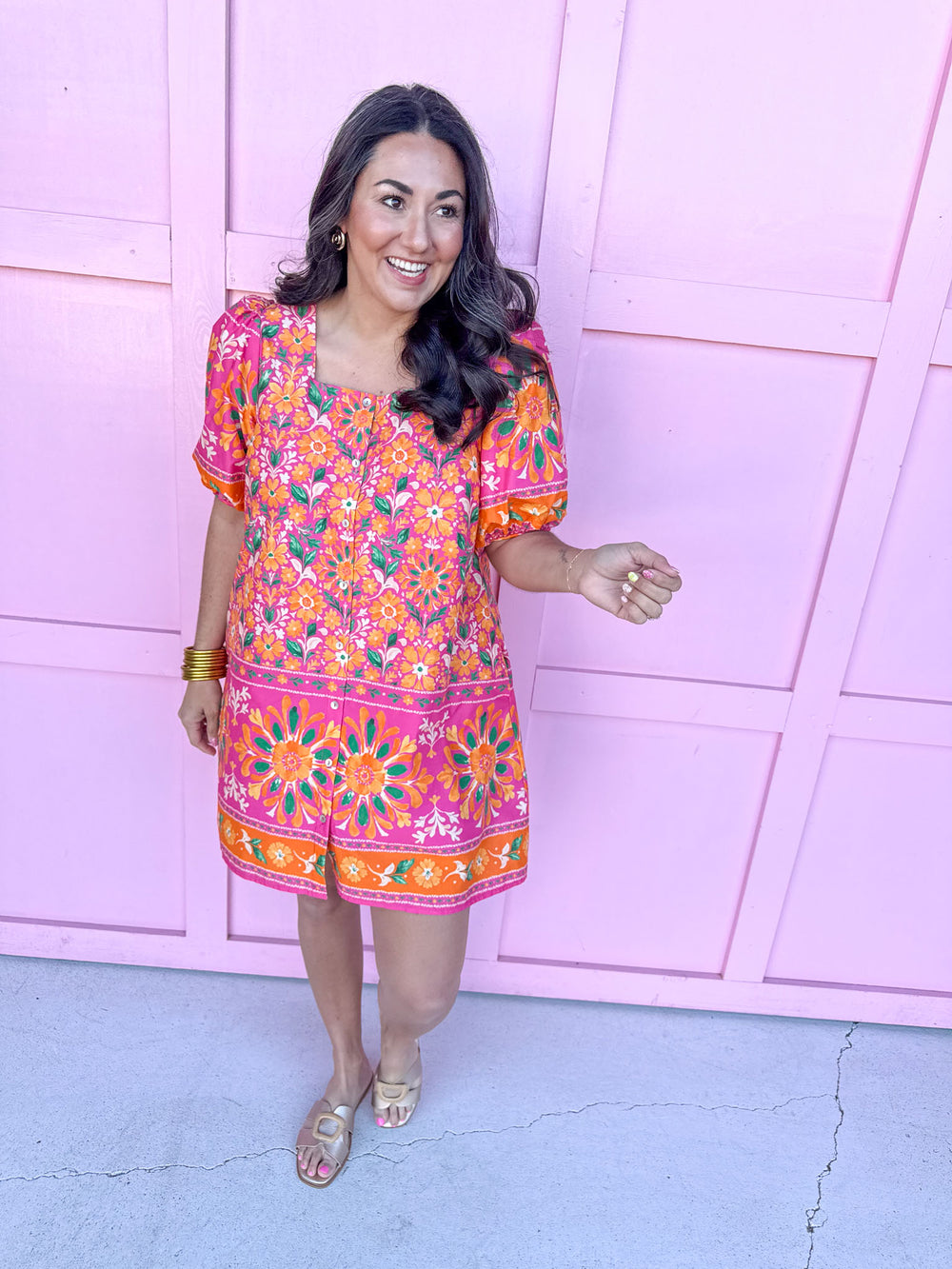 Jincy's Women's Boutique Spring Styles Pink & Orange Mosaic Print Mini Dress