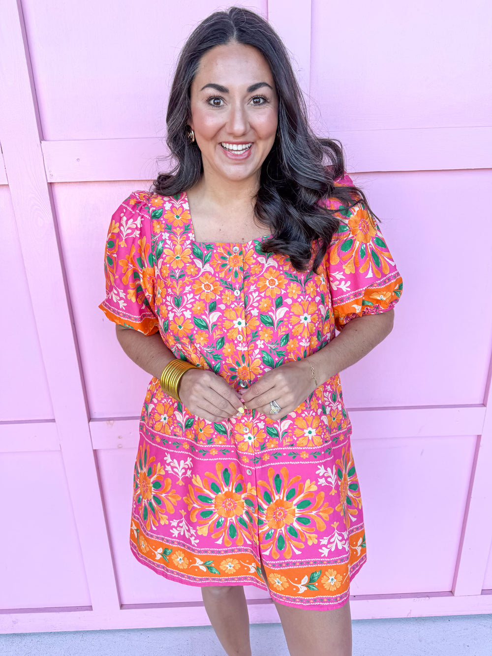 Jincy's Women's Boutique Spring Styles Pink & Orange Mosaic Print Mini Dress