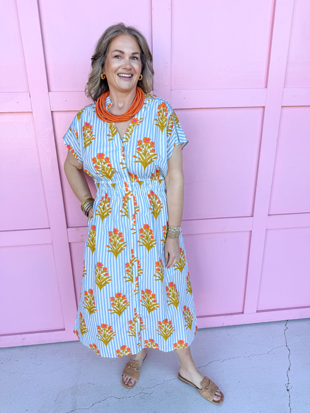 Jincy's Women's Boutique Spring Styles Blue Stripe with Orange Florals Maxi Midi Dress