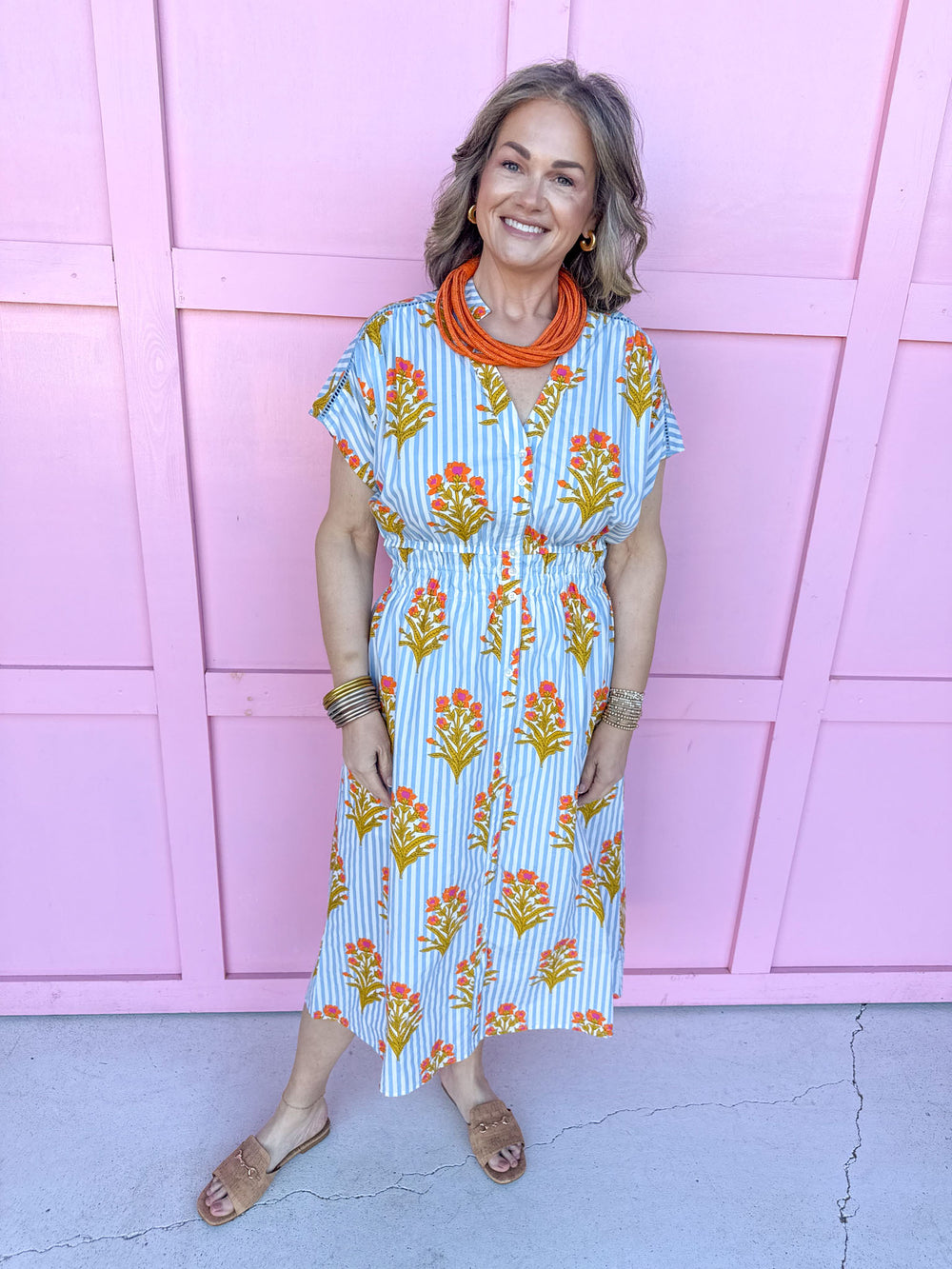 Jincy's Women's Boutique Spring Styles Blue Stripe with Orange Florals Maxi Midi Dress