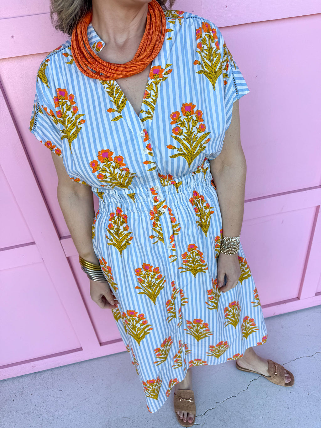 Jincy's Women's Boutique Spring Styles Blue Stripe with Orange Florals Maxi Midi Dress