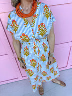 Jincy's Women's Boutique Spring Styles Blue Stripe with Orange Florals Maxi Midi Dress