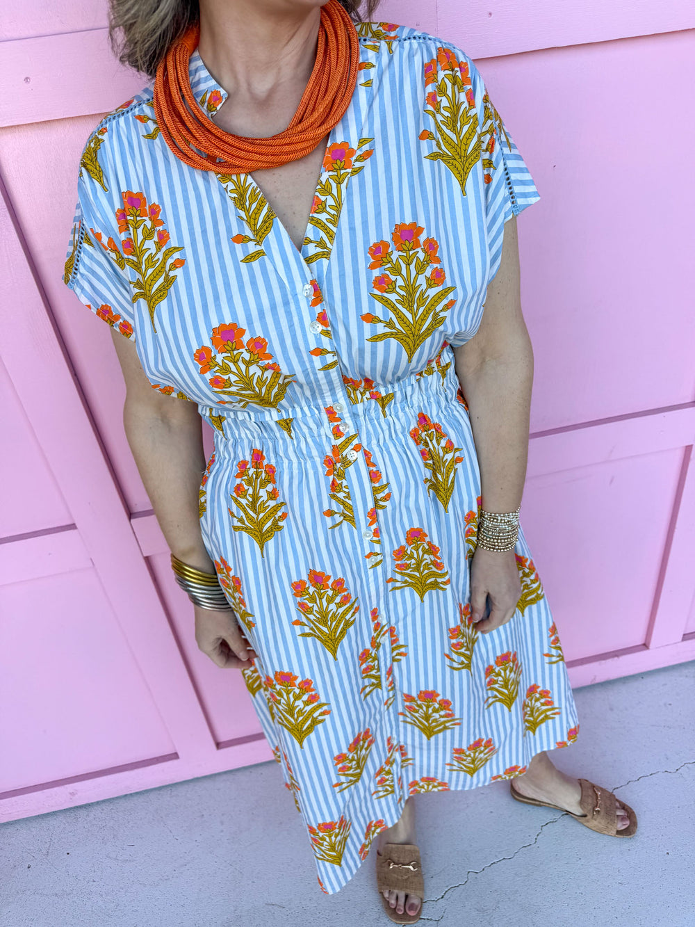 Jincy's Women's Boutique Spring Styles Blue Stripe with Orange Florals Maxi Midi Dress