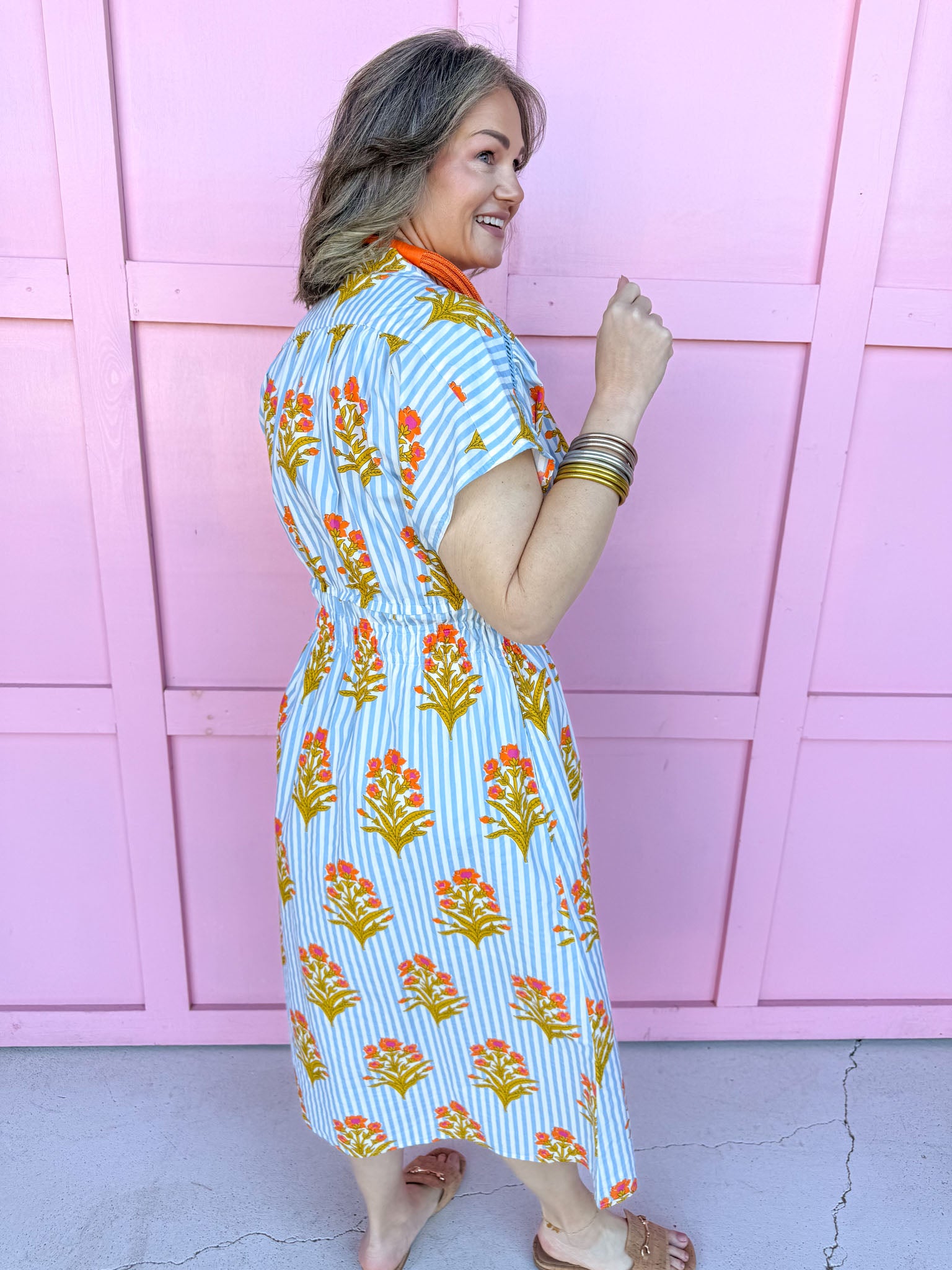 Jincy's Women's Boutique Spring Styles Blue Stripe with Orange Florals Maxi Midi Dress