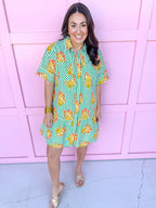 Jincy's Women's Boutique Spring Styles Collared Green Stripe with Orange Florals Mini Dress
