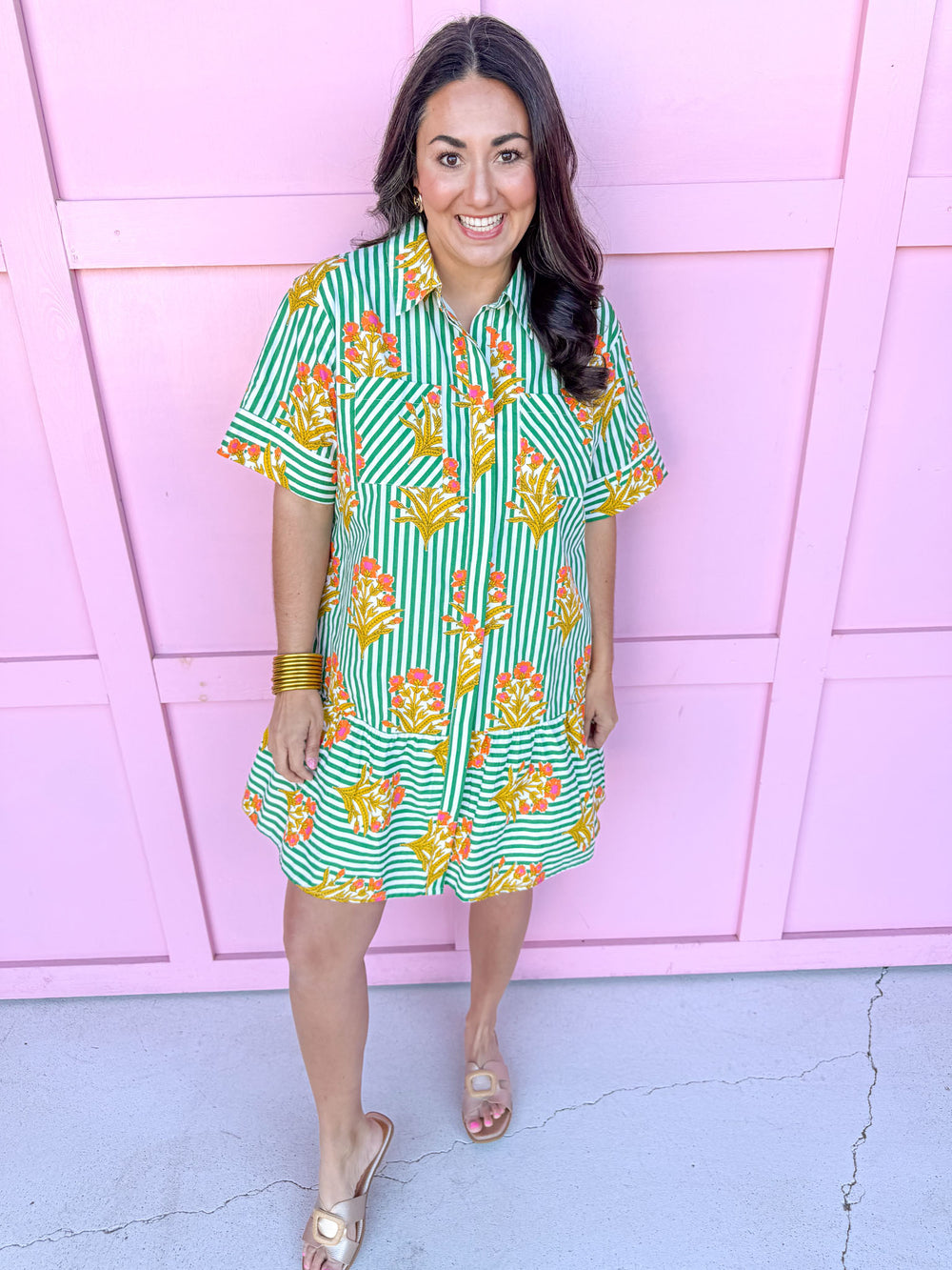 Jincy's Women's Boutique Spring Styles Collared Green Stripe with Orange Florals Mini Dress