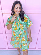 Jincy's Women's Boutique Spring Styles Collared Green Stripe with Orange Florals Mini Dress