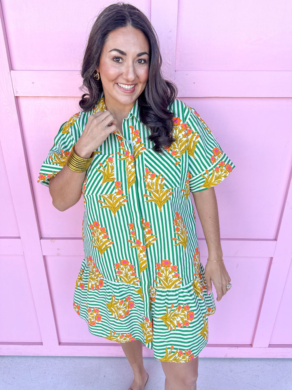 Jincy's Women's Boutique Spring Styles Collared Green Stripe with Orange Florals Mini Dress