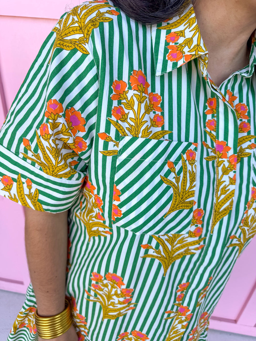 Jincy's Women's Boutique Spring Styles Collared Green Stripe with Orange Florals Mini Dress