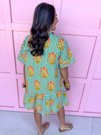 Jincy's Women's Boutique Spring Styles Collared Green Stripe with Orange Florals Mini Dress
