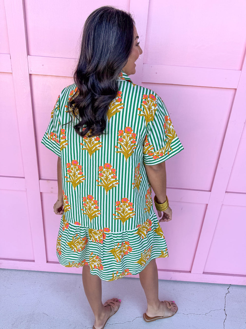 Jincy's Women's Boutique Spring Styles Collared Green Stripe with Orange Florals Mini Dress