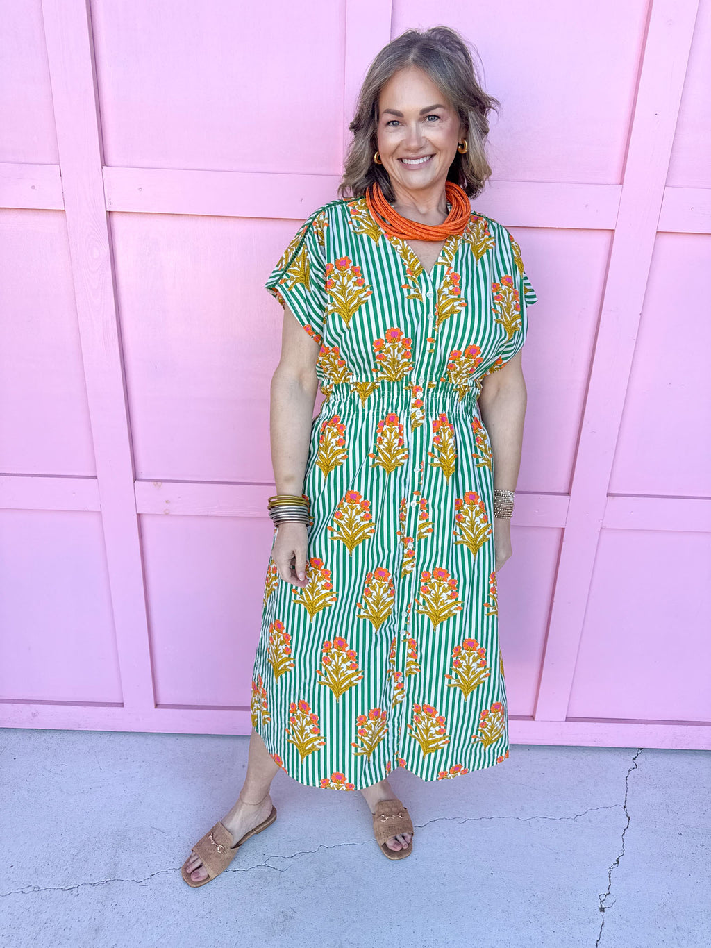 Jincy's Women's Boutique Spring Styles Green Stripe with Orange Florals Maxi Midi Dress
