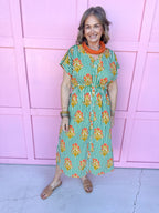 Jincy's Women's Boutique Spring Styles Green Stripe with Orange Florals Maxi Midi Dress