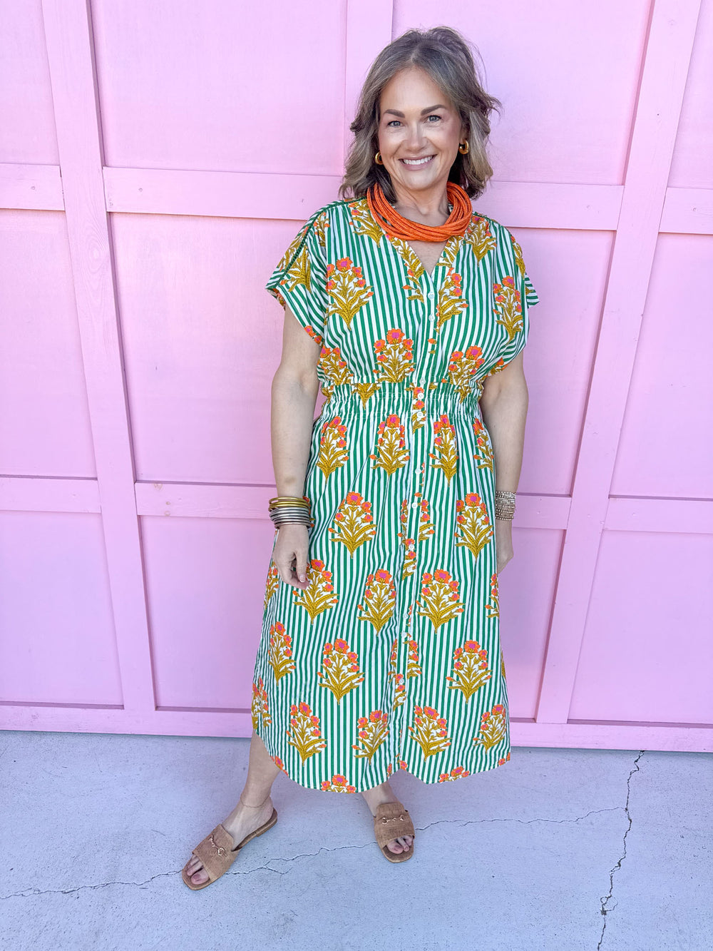 Jincy's Women's Boutique Spring Styles Green Stripe with Orange Florals Maxi Midi Dress