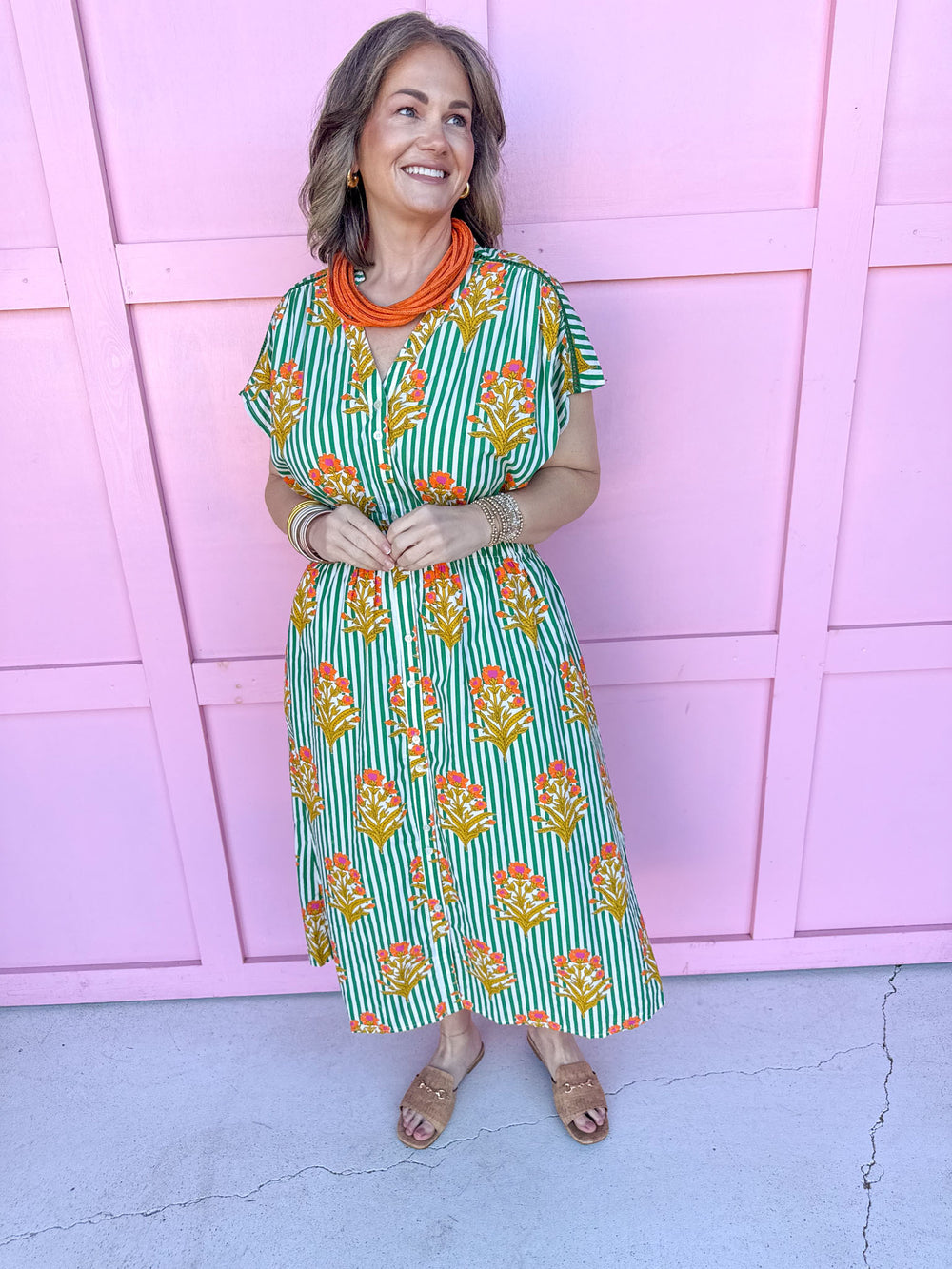 Jincy's Women's Boutique Spring Styles Green Stripe with Orange Florals Maxi Midi Dress