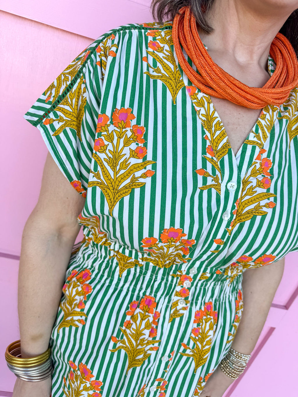 Jincy's Women's Boutique Spring Styles Green Stripe with Orange Florals Maxi Midi Dress