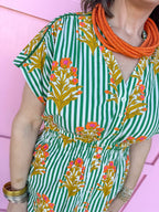 Jincy's Women's Boutique Spring Styles Green Stripe with Orange Florals Maxi Midi Dress