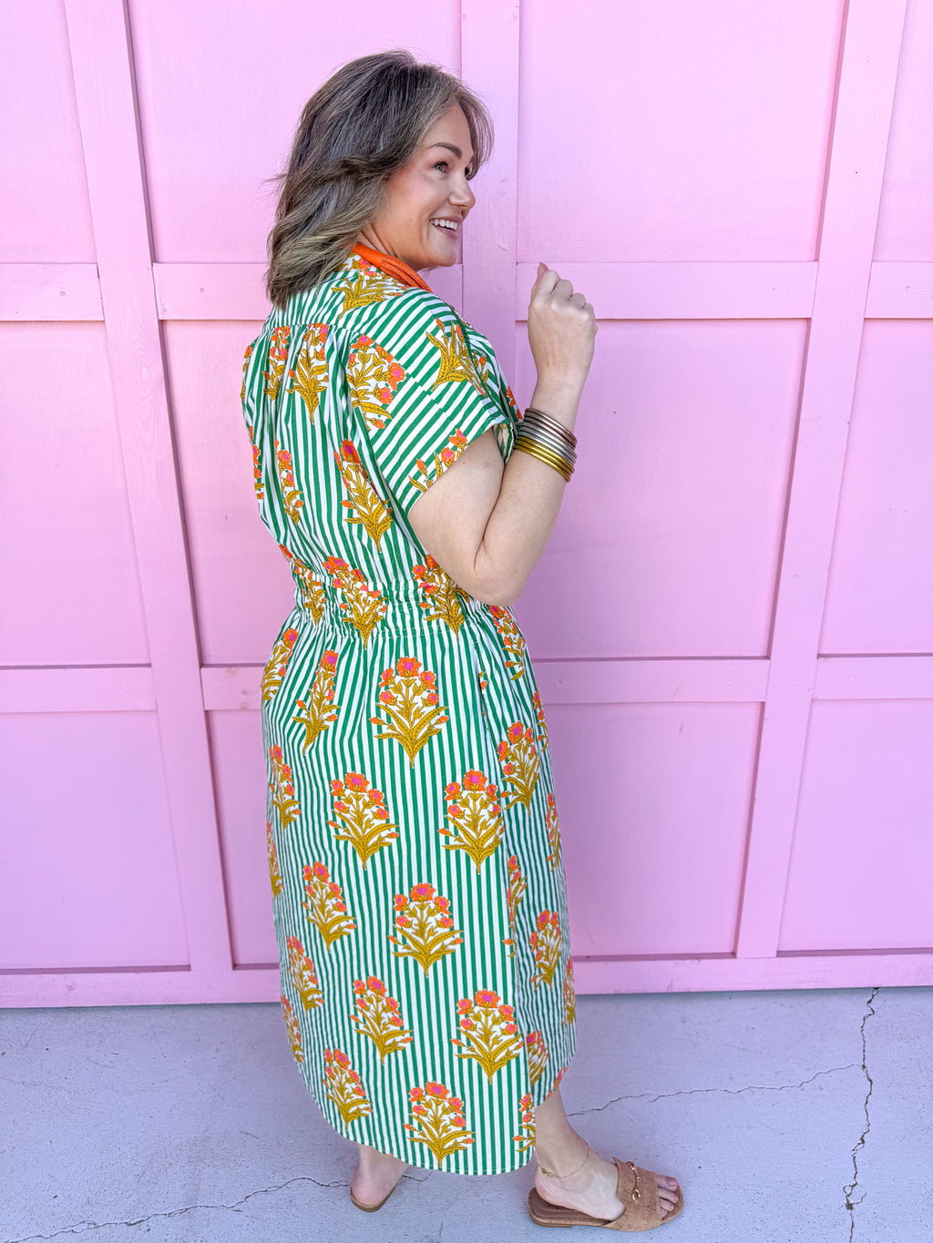 Jincy's Women's Boutique Spring Styles Green Stripe with Orange Florals Maxi Midi Dress