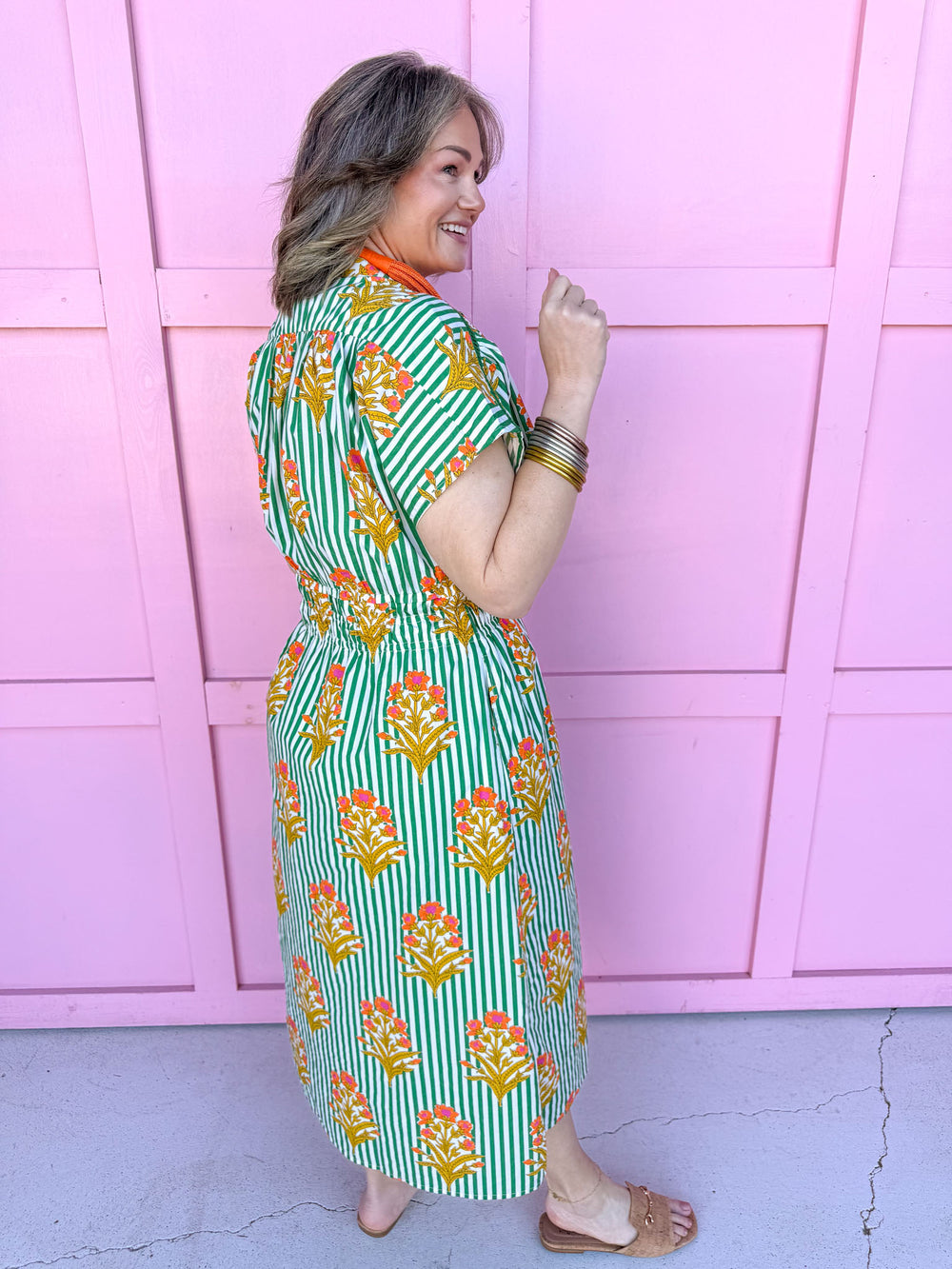 Jincy's Women's Boutique Spring Styles Green Stripe with Orange Florals Maxi Midi Dress