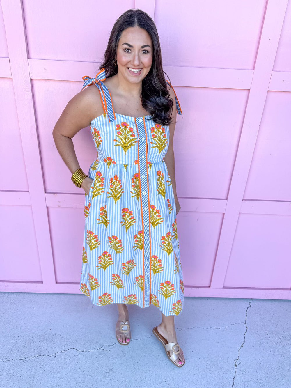 Jincy's Women's Boutique Spring Styles Blue Stripe with Orange Florals Maxi Midi Dress