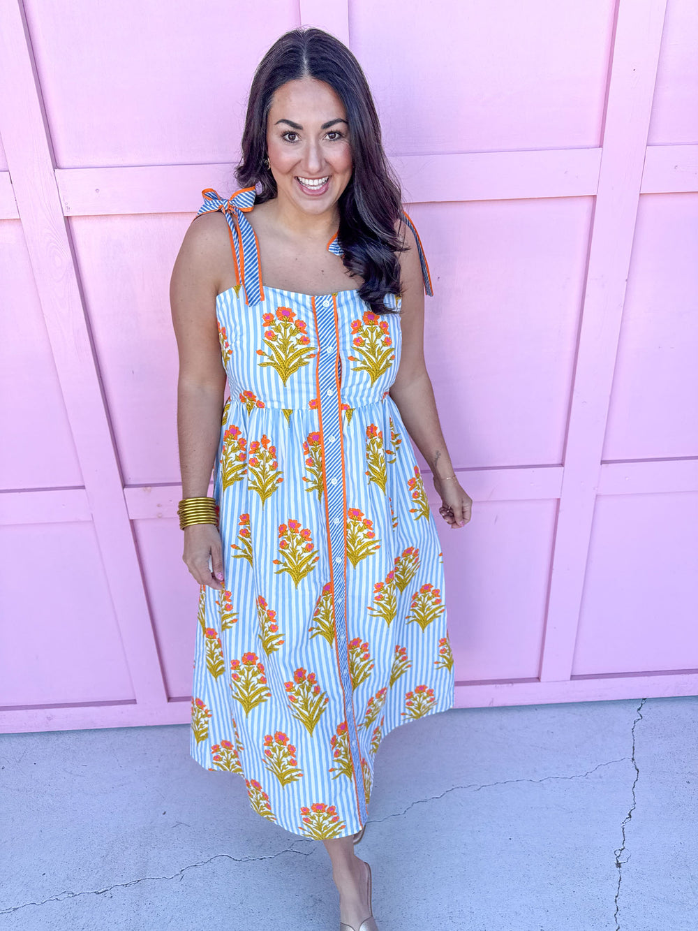 Jincy's Women's Boutique Spring Styles Blue Stripe with Orange Florals Maxi Midi Dress